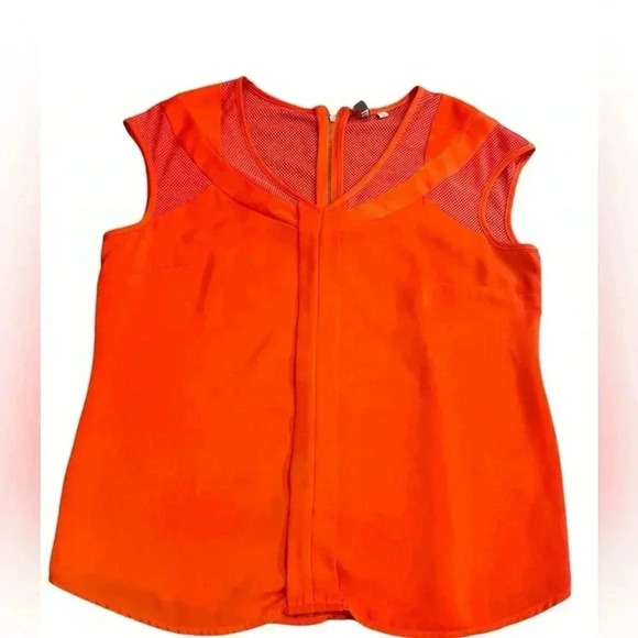 Kut From The Kloth Orange Short Cap Sleeve Mesh Trimmed Rayon/Poly Shirt M - Picture 2 of 5
